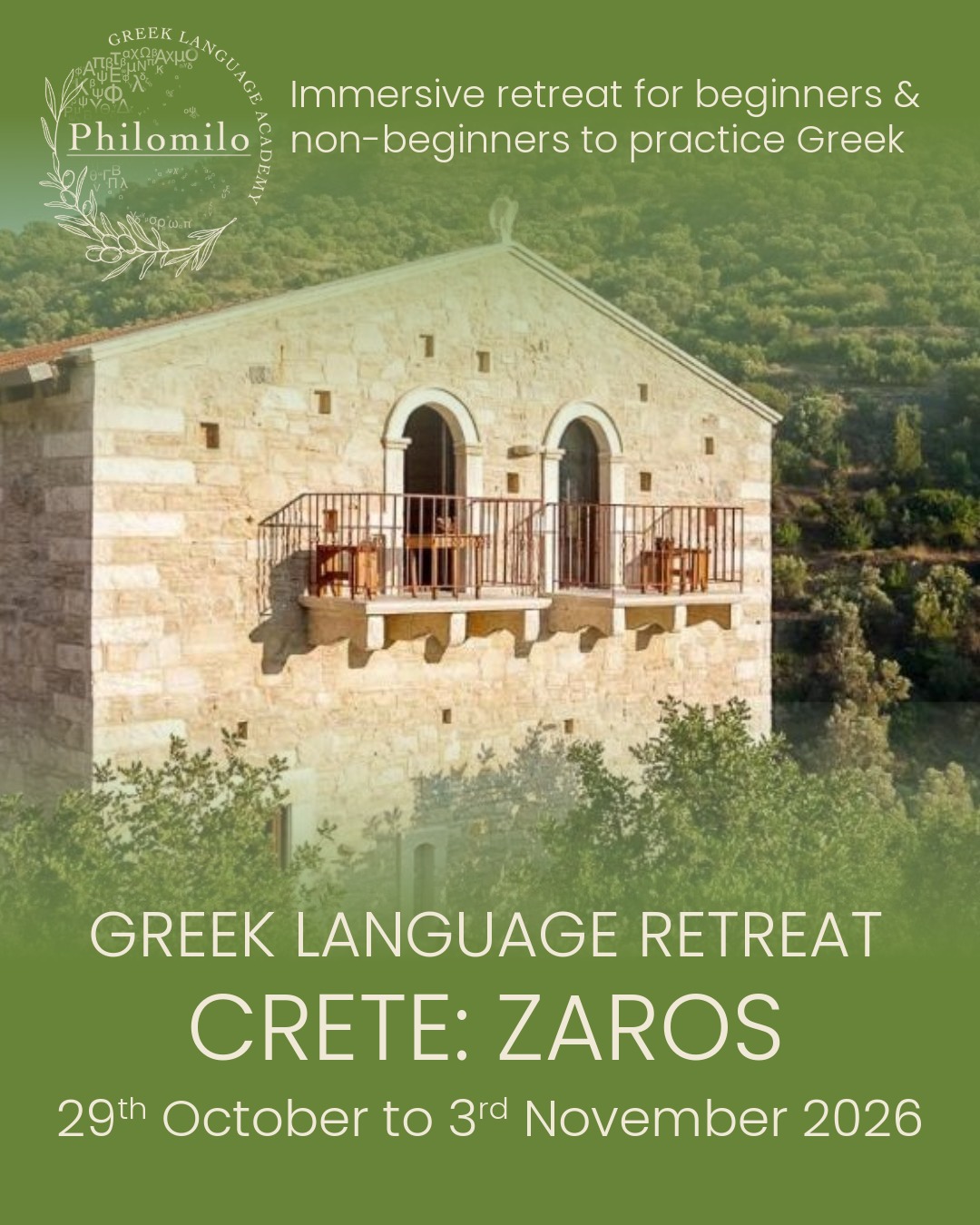 Greek Language Retreat Autumn 2026 in Crete: Zaros